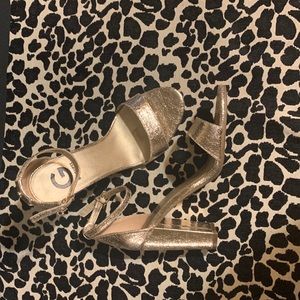 G by Guess gold foil block heels